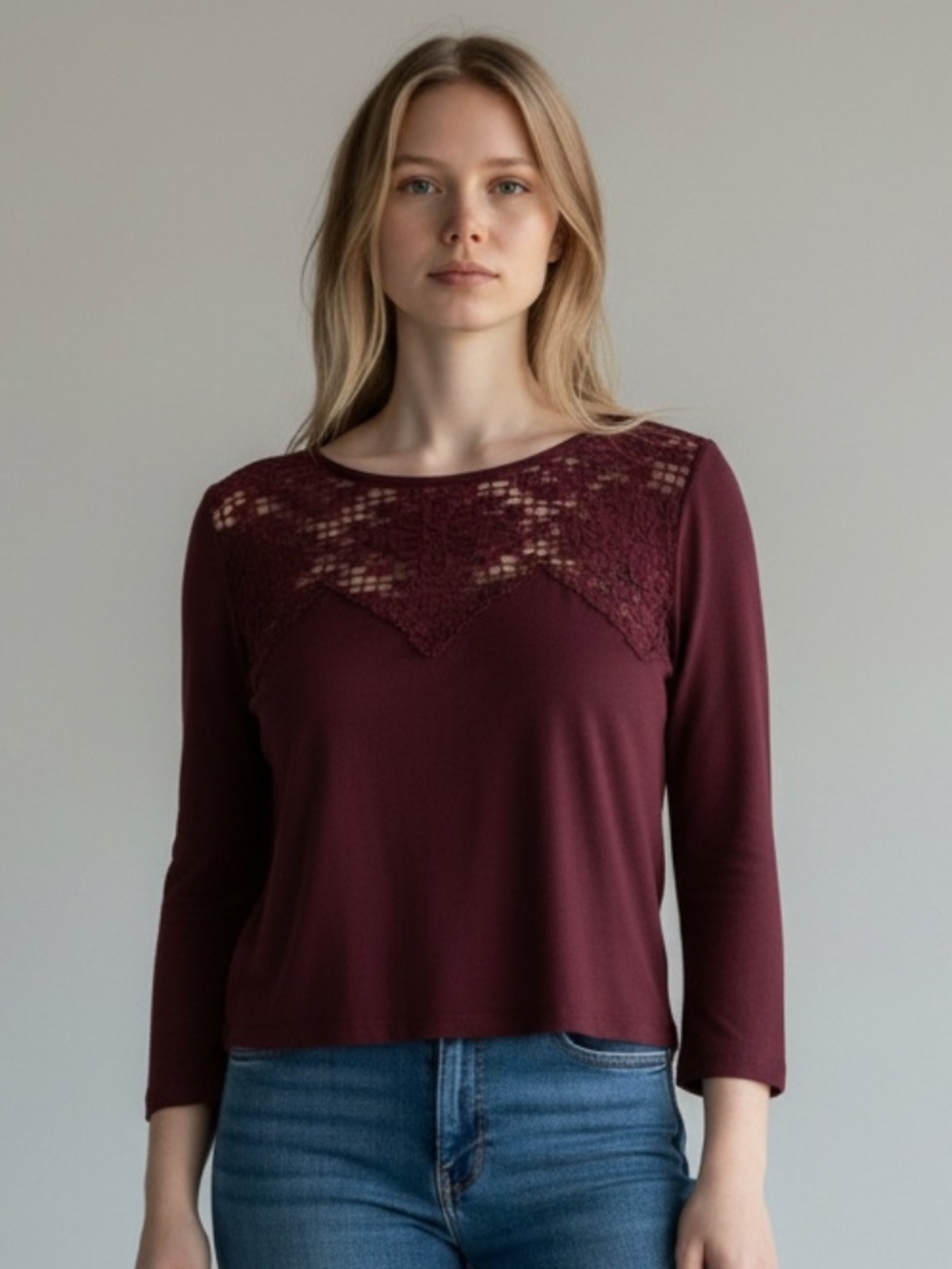 American Eagle Maroon Burgundy Crochet Lace Yoke Long Sleeve Top Size Medium
